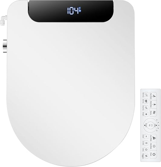 Electric Bidet Toilet Seat, Warm Water with Air Dryer, Heated Seat and Slow Close Lid, Front and Rear Wash, LED Nightlight, Wireless Remote, Black, Round, 102D