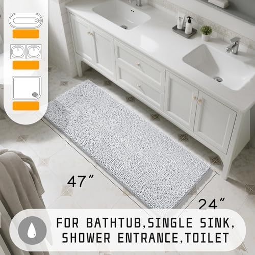 Yimobra Long Bathroom Rugs 47"x24", Extra Soft Non Slip Bath Mat for Tub, Super Absorbent Quick Dry Shaggy Rug Floor Carpet, Machine Washable,Silver