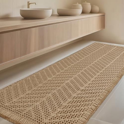 IM HOME Extra Large Waffle Bath Mat, Boho Bathroom Rugs Absorbent Non Slip, Ultra Soft Bathroom Mat, Machine Washable Knit Bath Rugs with Herringbones for Bathroom, Bedroom, Kitchen, 5'x2', Beige