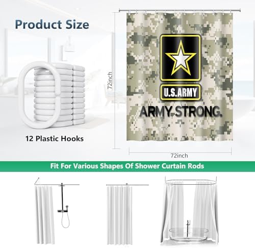 US Army Strong Camouflage Military Shower Curtain with Hooks 72 x 72 Inches