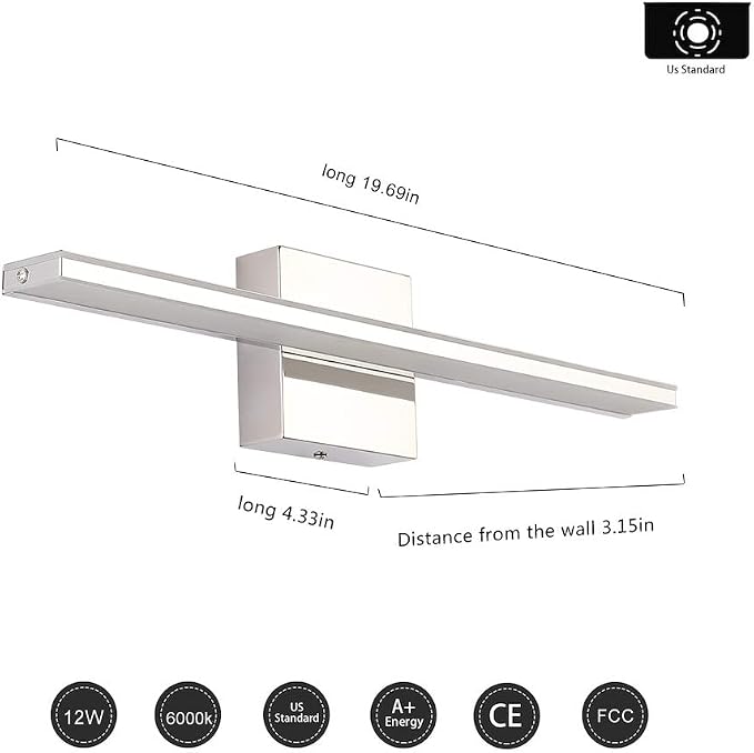 LED Vanity Light Bar 20 Inch Bathroom Light Fixtures 12W Over Mirror Lighting Chrome Vanity Lights Fixtures Modern Bathrooms Lamps Acrylic Bath Wall Light Fixtures