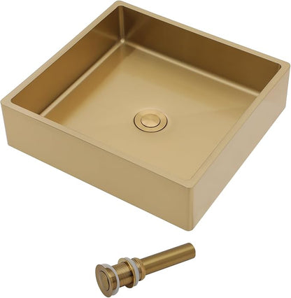 Dcolora 15 In. Gold Drop In Bathroom Vessel Sink for Vanity, 16 Gauge Stainless Steel Sink with Drain Assembly, 15"D x 15"W x 4"H #DC-VS261202