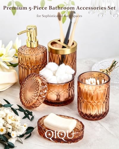 Bathroom Accessories Set, 5Pcs Clear Glass Bathroom Accessories, Soap Dispenser, Soap Dish, Toothbrush Holder Set, Tumbler, Qtips Holder for Vintage Crystal Bath Decor (Amber)