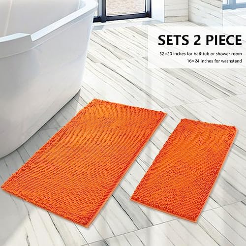 BOANKODU Bathroom Rugs Sets 2 Piece, Extra Soft Chenille Bath Mat Ultra Absorbent Bathroom Rug, Bathroom Mat with Non-Slip Bottom, Machine Washable Bath Rugs (20x32 Inch + 16x24 Inch, Orange)