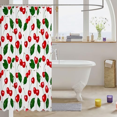 Feelyou Fruit Bathroom Waterproof Accessories with Hooks Cherry Pattern Design Fabric Shower Curtains for Kids Boys Girls Green Garden Shower Curtain Red White,72x84 Inches