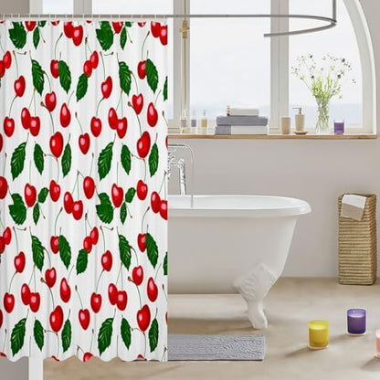 Feelyou Fruit Shower Curtain, Cherry Design Fresh Berry Fruit Summer Green Garden Digital Print, Botanical Leaves Fabric Bathroom Decor Set with Hooks, 72" W x 78" L, White Red Green