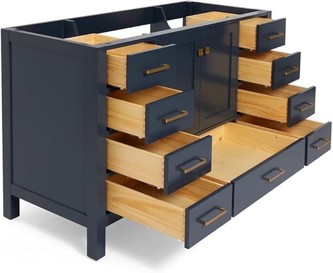 ARIEL Cambridge 54-inch Bathroom Vanity Base Cabinet,Solid Wood, 2 Soft Closing Doors, 9 Dovetail Drawers, Midnight Blue