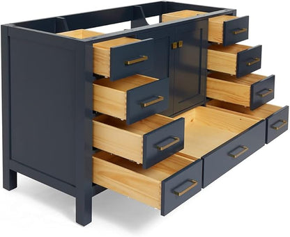 ARIEL Cambridge 54-inch Bathroom Vanity Base Cabinet,Solid Wood, 2 Soft Closing Doors, 9 Dovetail Drawers, Midnight Blue