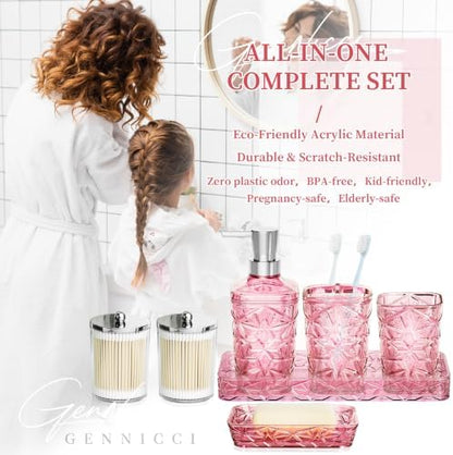Pink Bathroom Accessories 7 Pcs, Pink Bathroom Set, Acrylic Soap Dispenser and Toothbrush Holder Set, Qtip Holder Set, Bathroom Sink Set, Gift for Home Apartment