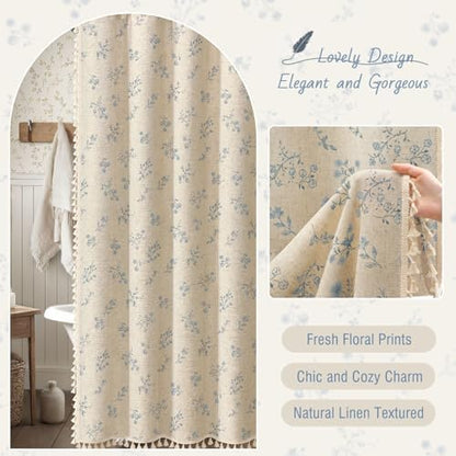 Blue Floral Farmhouse Vintage Linen Shower Curtain with Tassel 72Wx72H