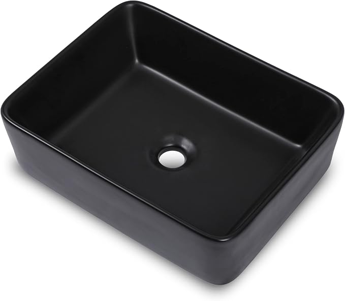 Black Vessel Sink Rectangle, Dcolora 19"x15" Matte Black Bathroom Vessel Sink Rectangular Above Counter Ceramic Porcelain Lavatory Vanity Sink Bowl Basin