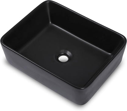 Black Vessel Sink Rectangle, Dcolora 19"x15" Matte Black Bathroom Vessel Sink Rectangular Above Counter Ceramic Porcelain Lavatory Vanity Sink Bowl Basin