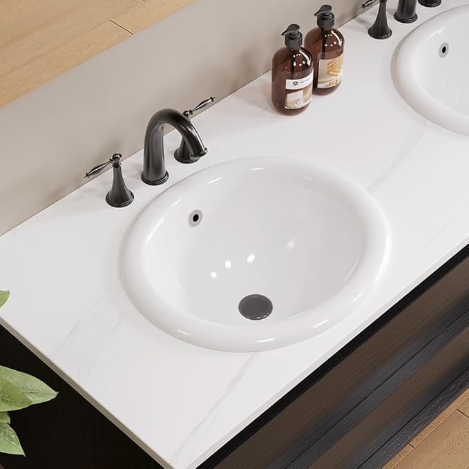 Bathroom Oval Vessel Sink 18" x 15" Semi Recessed Sink White Ceramic Sink with Overflow Modern Sinks Bowl Vanity Above Counter Basin