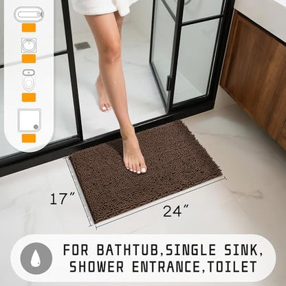 Yimobra Washable Bathroom Rugs, Super Soft & Absorbent Chenille Bath Mat for Floor & Carpet, Quick Dry Non Slip Bath Mat for Tub Shower, 24" x 17",Brown
