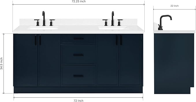 ARIEL Kelly 72-inch Bathroom Vanity with Sink,Solid Wood, 1.5-inch Carrara White Quartz Countertop, Double Rectangular Porcelain Sink, 4 Soft Closing Doors, 5 Dovetail Drawers, Midnight Blue