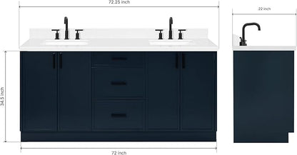 ARIEL Kelly 72-inch Bathroom Vanity with Sink,Solid Wood, 1.5-inch Carrara White Quartz Countertop, Double Rectangular Porcelain Sink, 4 Soft Closing Doors, 5 Dovetail Drawers, Midnight Blue