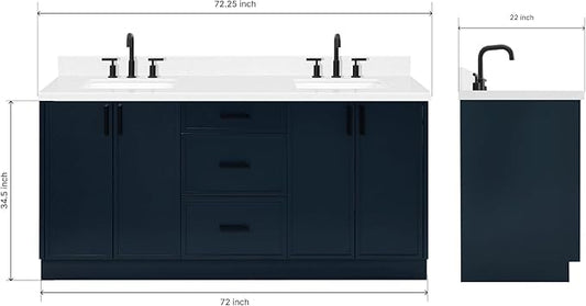 ARIEL Kelly 72-inch Bathroom Vanity with Sink,Solid Wood, 1.5-inch Carrara White Quartz Countertop, Double Rectangular Porcelain Sink, 4 Soft Closing Doors, 5 Dovetail Drawers, Midnight Blue