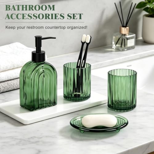 Bathroom Accessories Set, 4Pcs Glass Bathroom Accessories Set Complete, 13.5OZ Lotion Soap Dispenser, Toothbrush Holder, Mouthwash Cup, Soap Dish for Bathroom Decor, Countertop Organizer (Green)