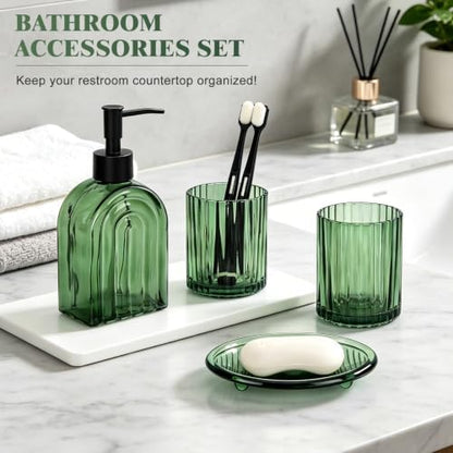 Bathroom Accessories Set, 4Pcs Glass Bathroom Accessories Set Complete, 13.5OZ Lotion Soap Dispenser, Toothbrush Holder, Mouthwash Cup, Soap Dish for Bathroom Decor, Countertop Organizer (Green)
