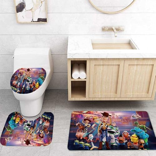 Cute Cartoon Shower Curtain Set 4 Piece with Non-Slip Rugs, Toilet Lid Cover and Bath Mat Cartoon Bathroom Decor 72 x 72inch (Toy)