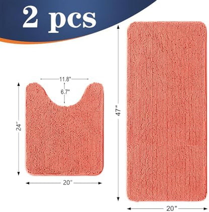 OLANLY Chenille Bathroom Rugs Mats Sets 2 Piece, 47"x20"+24"x20", Coral