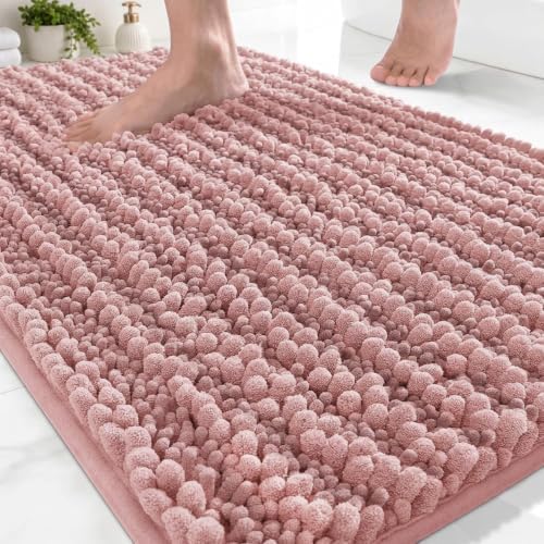 Disolla Small Bath Mat 17x24 Inch - Chenille Pink Bathroom Rug, Extra Soft Absorbent Plush Shaggy Bathmat, Non-Slip Machine Washable Floor Mat for Shower, Tub and Sink