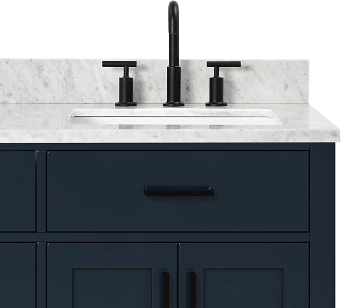 ARIEL Hepburn 66-inch Bathroom Vanity with Sink,Solid Wood, 0.75-inch Italian Carrara Marble Countertop, Double Rectangular Porcelain Sink, 4 Soft Closing Doors, 6 Dovetail Drawers, Midnight Blue