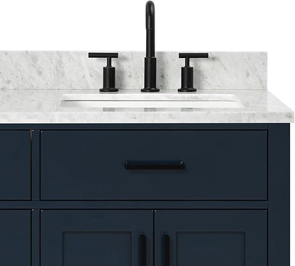 ARIEL Hepburn 66-inch Bathroom Vanity with Sink,Solid Wood, 0.75-inch Italian Carrara Marble Countertop, Double Rectangular Porcelain Sink, 4 Soft Closing Doors, 6 Dovetail Drawers, Midnight Blue