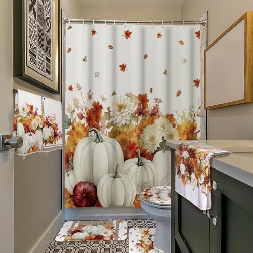 Honoson 8 Pcs Fall Bathroom Shower Curtain Set with Rugs and Towls