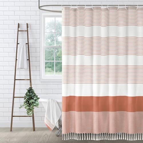 Coral Boho Cotton Striped Shower Curtain with Tassel 72" W X 72" L