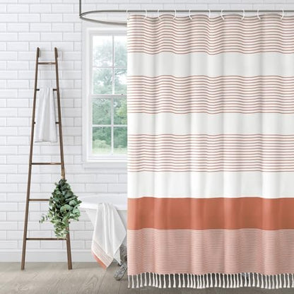 Coral Boho Cotton Striped Shower Curtain with Tassel 72" W X 72" L