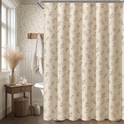 Brown Floral Farmhouse Vintage Linen Shower Curtain French Country 72Wx84H
