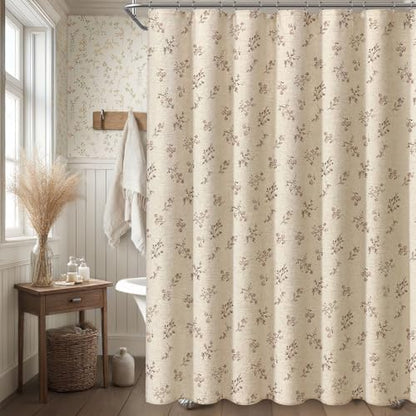 Brown Floral Farmhouse Vintage Linen Shower Curtain French Country 72Wx84H