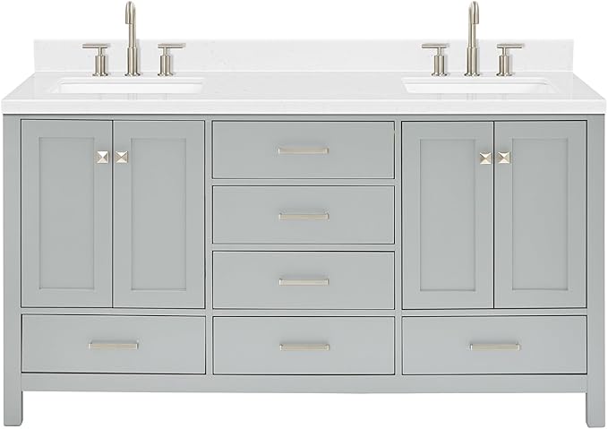 ARIEL Cambridge 66-inch Bathroom Vanity with Sink,Solid Wood, 1.5-inch Carrara White Quartz Countertop, Double Rectangular Porcelain Sink, 4 Soft Closing Doors, 6 Dovetail Drawers, Grey