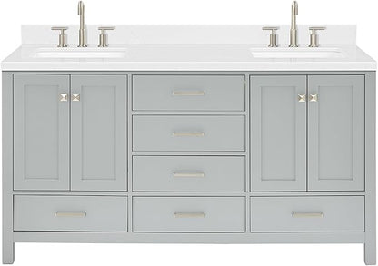 ARIEL Cambridge 66-inch Bathroom Vanity with Sink,Solid Wood, 1.5-inch Carrara White Quartz Countertop, Double Rectangular Porcelain Sink, 4 Soft Closing Doors, 6 Dovetail Drawers, Grey
