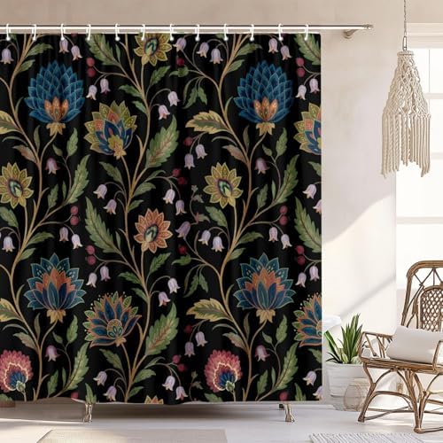 Vintage Floral Shower Curtain for Bathroom, Rustic Farmhouse Black and Teal Sage Green Boho Botanical Shower Curtains, Retro Cottagecore Wildflower Aesthetic Bath Curtain Set with Hooks， 72 x 78 Inch