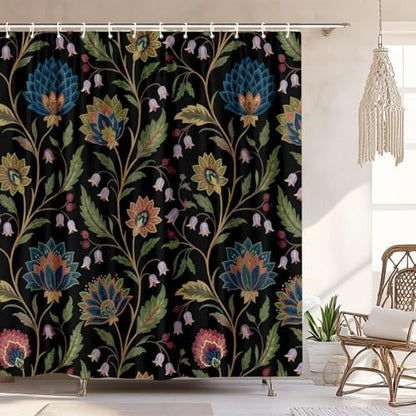 Vintage Floral Shower Curtain for Bathroom, Rustic Farmhouse Black and Teal Sage Green Boho Botanical Shower Curtains, Retro Cottagecore Wildflower Aesthetic Bath Curtain Set with Hooks， 72 x 78 Inch