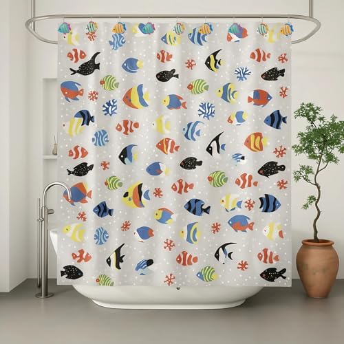12Pcs Tropical Fish Shower Curtain Hooks Decorative for Curtain Rods, Cute Animals Shower Curtain Rings, Silver Stainless Steel Metal Shower Curtain Hanger Hooks, Kids Ocean Bathroom Decor Accessories