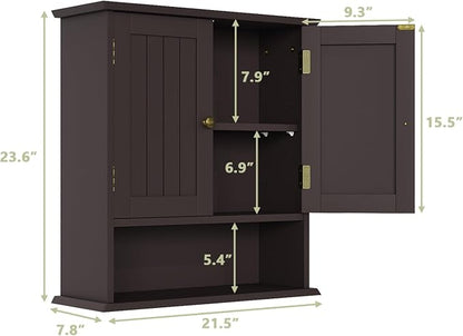 Smuxee Brown Bathroom Cabinet Wall Mounted, Small Medicine Cabinet with 2 Door Adjustable Shelves, Wall Cabinet Over Toilet for Laundry Room Kitchen