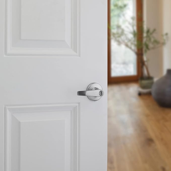 Kwikset Delta Interior Privacy Door Handle with Lock, Door Lever For Bathroom and Bedroom, Satin Chrome Reversible Keyless Turn Lock