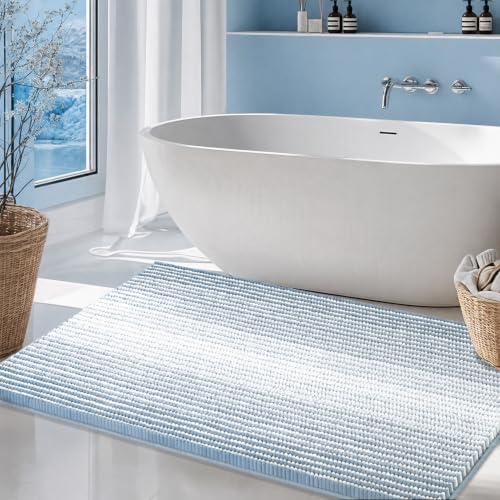 BSICPRO Large Chenille Bathroom Rugs, 24x43 Striped Bath Mats, Ice Blue