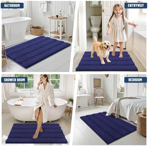 Grandaily Chenille Striped Bathroom Rugs 36x24, Extra Thick and Soft Absorbent Bath Mats, Rubber Backing, Plush Shaggy Shower Carpet, Machine Wash Dry, Bath Rug for Bathroom, Twilight Sapphire