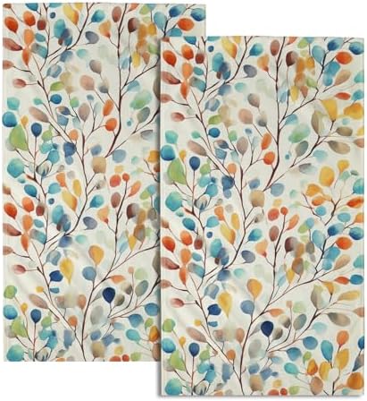 Colorful Leaves Floral Hand Towels Set of 2, Boho Spring Nature Plant Soft Absorbent Dish Fingertip Towel for Kitchen Bathroom Guest Gym Spa Bar