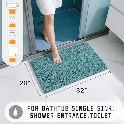 Yimobra Washable Bathroom Rugs, Super Soft & Absorbent Chenille Bath Mat for Floor & Carpet, Quick Dry Non Slip Bath Mat for Tub Shower, 32"x20",Teal Blue