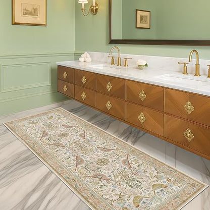 Hazo Haus Boho Long Bathroom Runner Rug 2x6 - Floral & Bird Runner Rug for Kitchen Floor, Hallway, Laundry Room, Bedroom, Entrance, Beige Neutral Vintage Decor, Washable Non Slip Low Pile