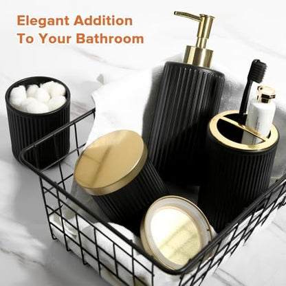 RYTOXILO Matte Black and Gold Bathroom Accessories Set, 4 Pack Glass Bath Accessory Sets Complete, Ribbed Soap Dispenser and Toothbrush Holder Set with 2 Qtip Holders, Modern Gold Bathroom Decor