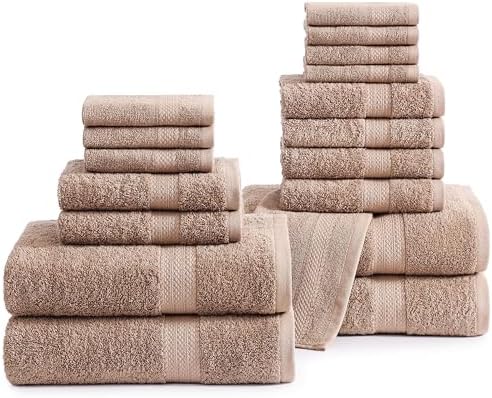 LANE LINEN Towel Set Quick Dry 100% Cotton 18 Piece Soft Absorbent - Taupe