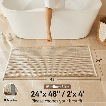 Triohero Waffle Bath Mat, Boho Bathroom Rugs Non Slip, 24x48 Khaki & White