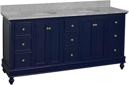 Bella 72-inch Double Bathroom Vanity (Carrara/Royal Blue): Includes Royal Blue Cabinet with Authentic Italian Carrara Marble Countertop and White Ceramic Sinks