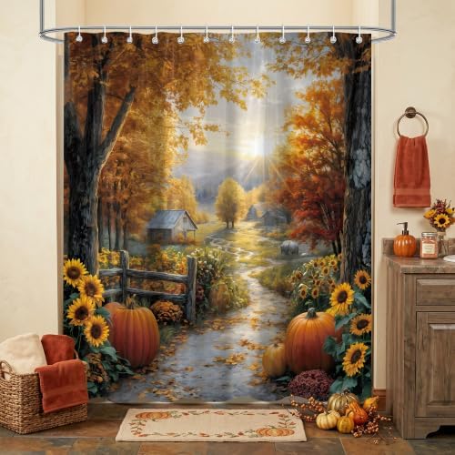 Autumn Country Road Shower Curtain, 72 x 78 Inch Fall Landscape Bathroom Curtain with Pumpkins, Sunflowers, Trees and Farmhouse Path Decor